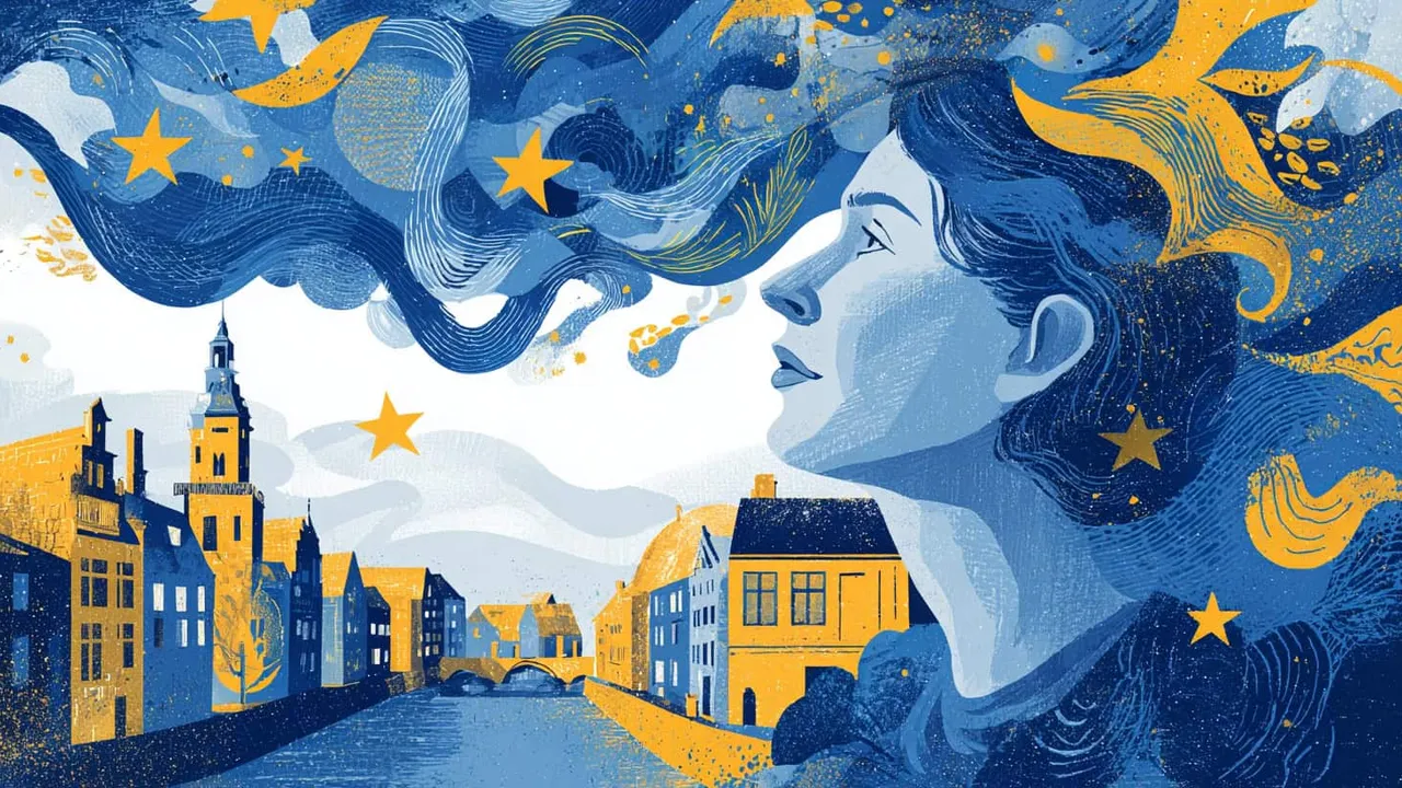 Illustration of a woman with flowing hair blending into a European cityscape and sky.