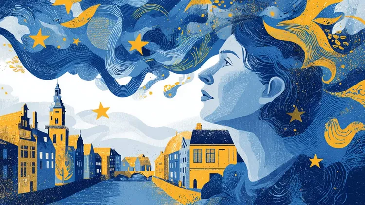 Illustration of a woman with flowing hair blending into a European cityscape and sky.