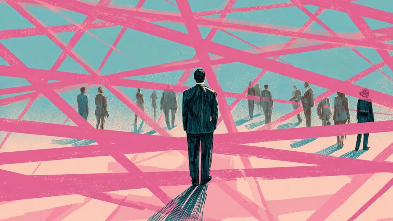 Person standing amidst tangled pink lines representing political disorientation.