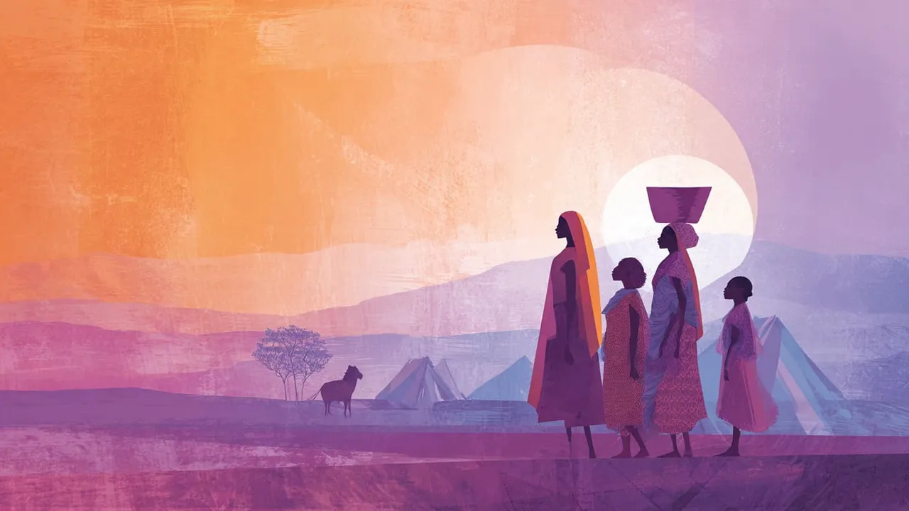 People walking with tents in a colourful landscape at sunset.