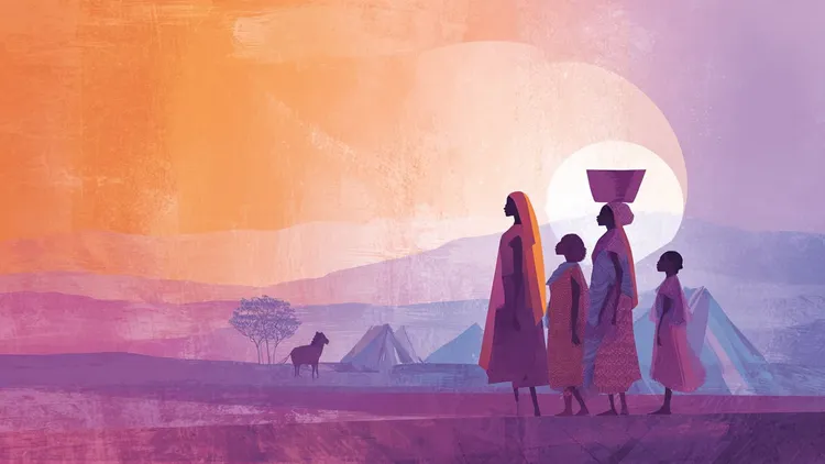 People walking with tents in a colourful landscape at sunset.