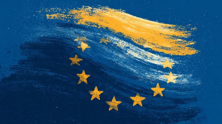Abstract artistic depiction of the European Union flag with stars and brush strokes.
