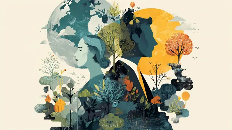 Illustration of a woman and a man with nature and climate elements.