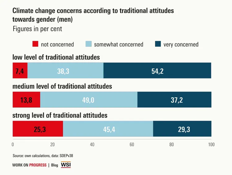 Stacked bar chart showing climate concern levels among men by traditional gender attitudes, in percent. Source: SOEPv38.