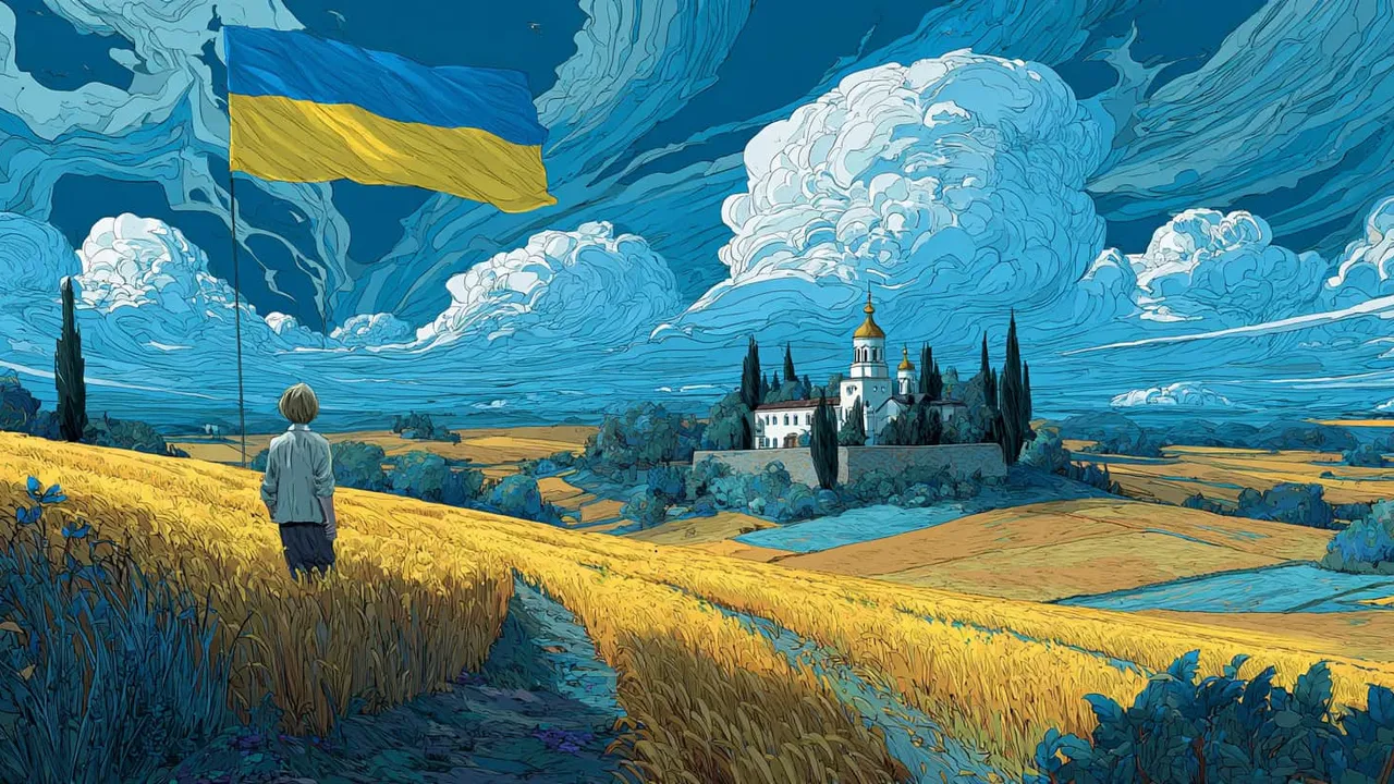 A boy in a wheat field overlooking a church, under a dramatic sky with clouds and a Ukrainian flag.