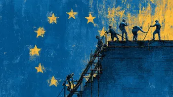 Construction workers on scaffolding in front of EU flag mural.