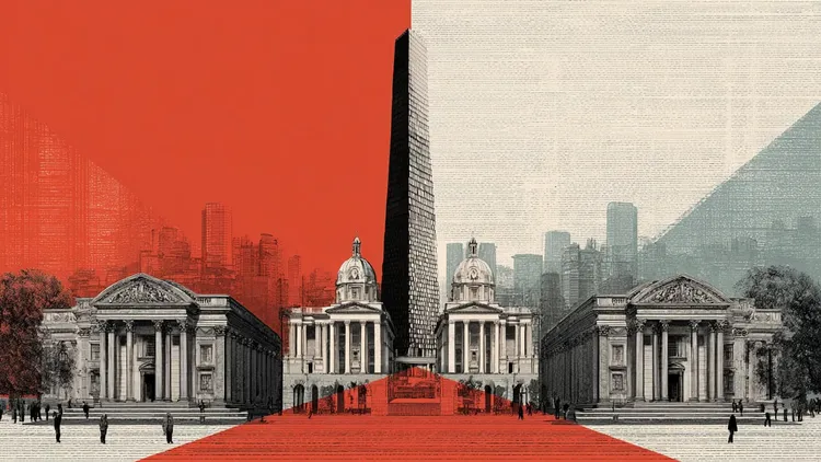 Cityscape with contrasting colours, red and grey, with historic and modern buildings.