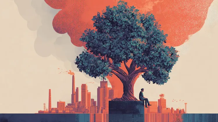 Large tree with city skyline and person sitting underneath, Social Europe.