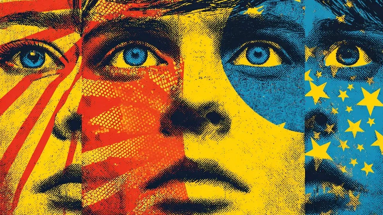 Close-up of a face with European flags and stars, symbolising unity.