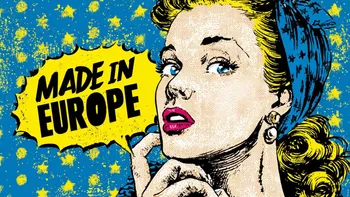 Woman with blue headscarf and pink lipstick, pop art style, social Europe.