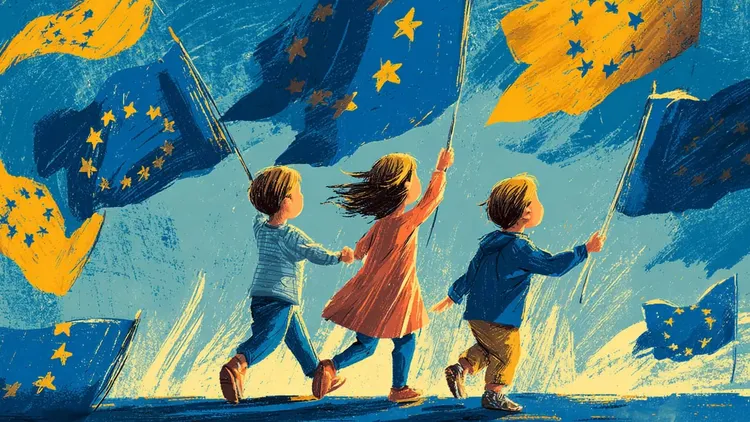 Three children holding EU flags, symbolising hope and unity in Europe.