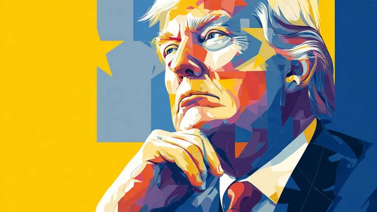 Illustration of a pensive Donald Trump, hand on chin, against blue and yellow shapes with stars.