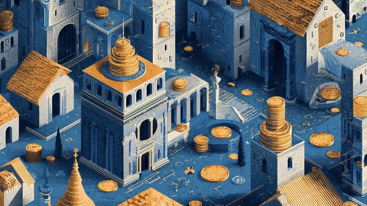 Cityscape with gold coins and towers.