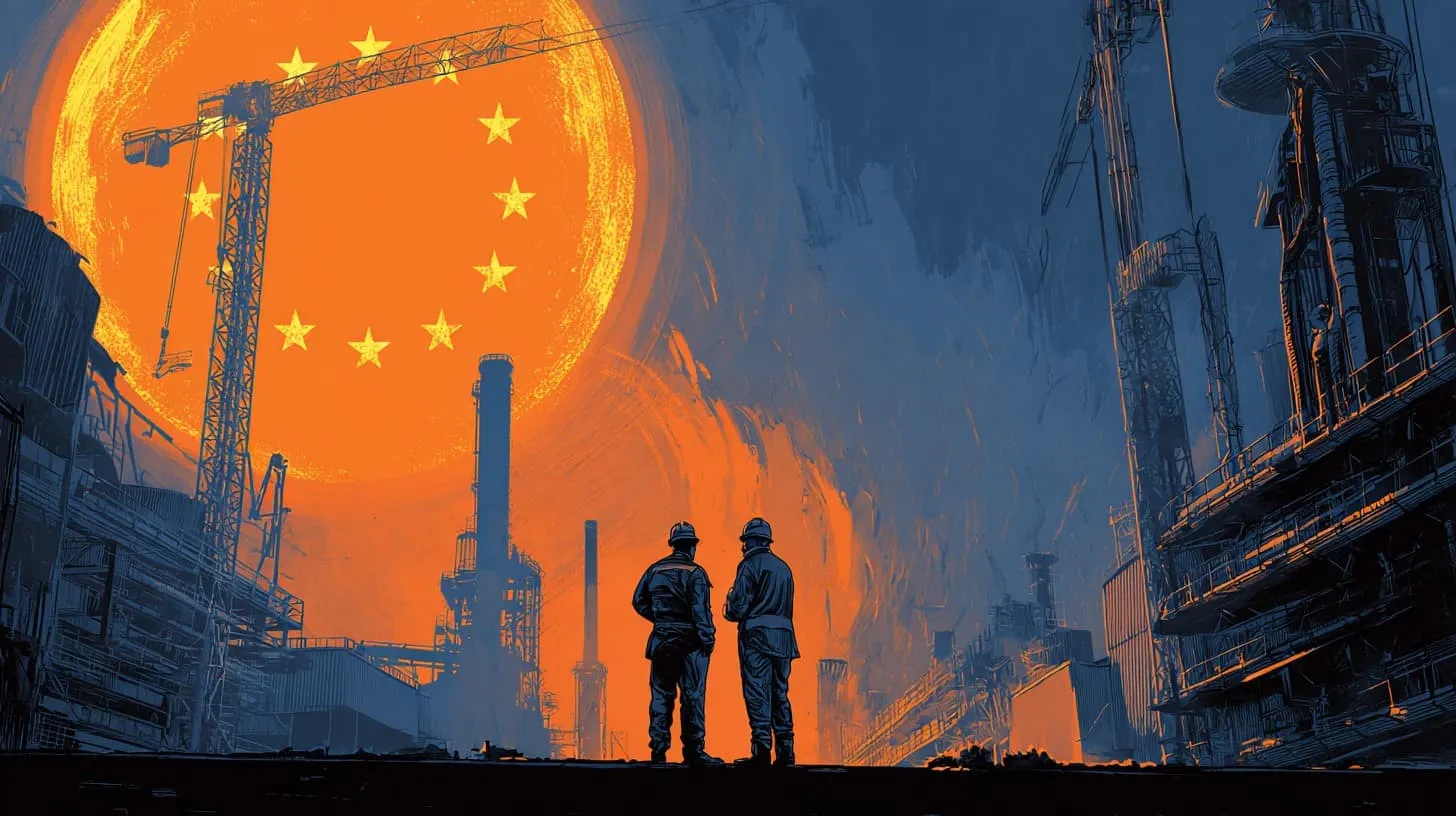 Two industrial workers in front of a large sun with EU stars, factory silhouette.