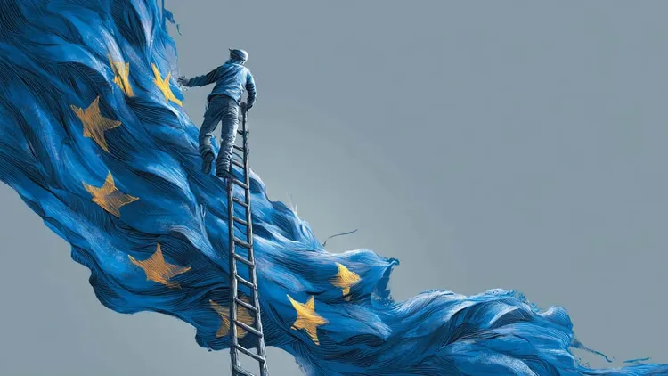 Man climbing ladder on European flag, Social Europe.