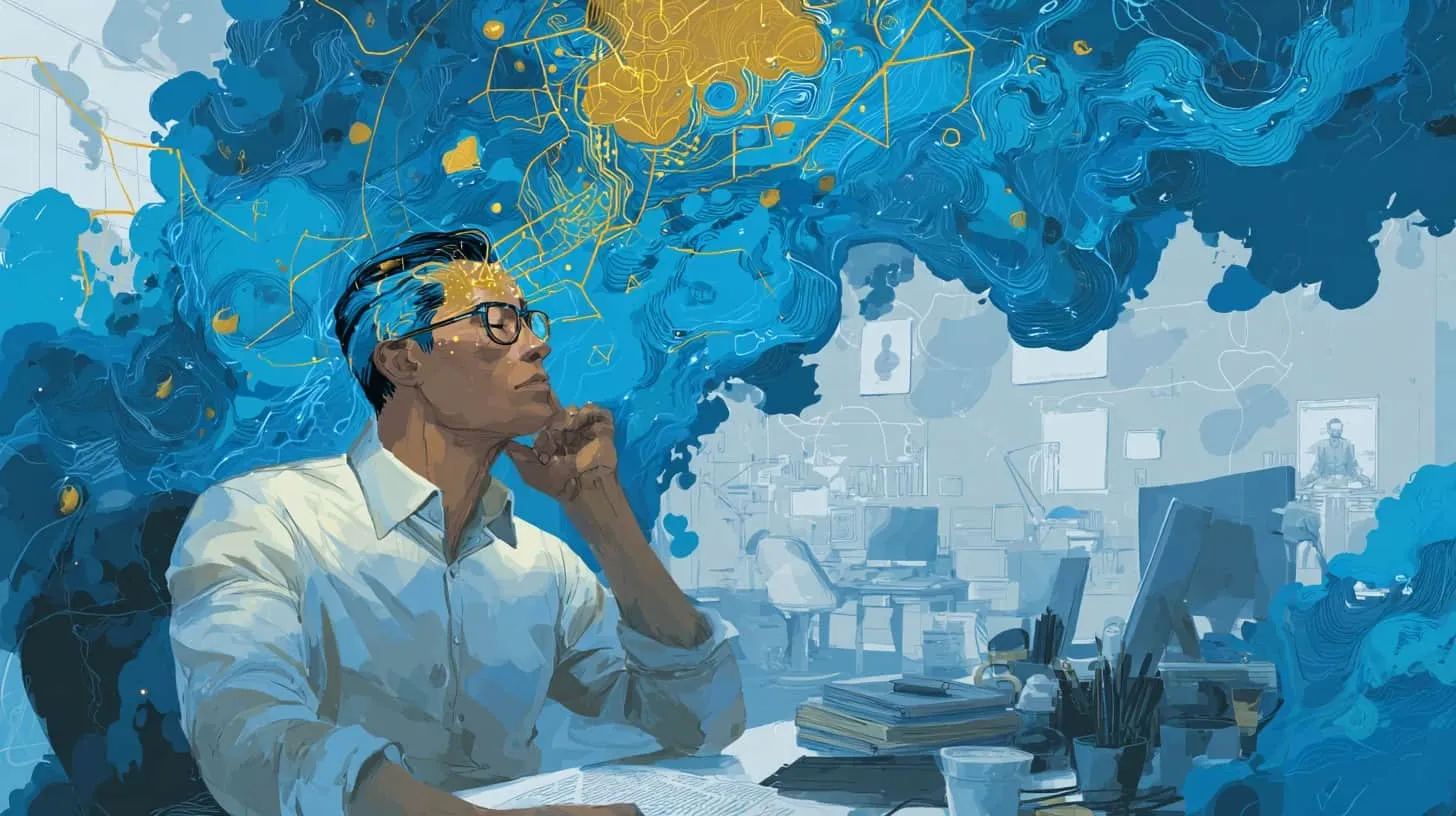 Woman with glasses thinking, surrounded by digital AI graphics.