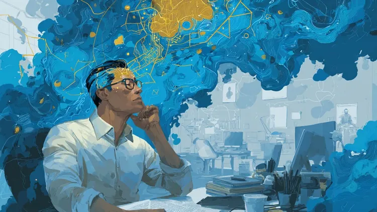 Woman with glasses thinking, surrounded by digital AI graphics.