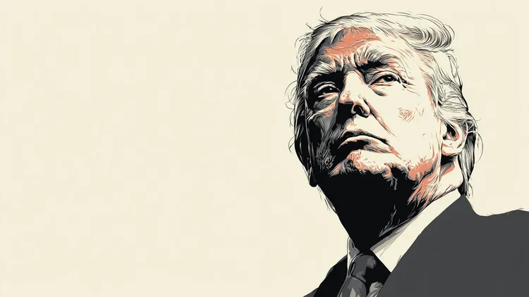 Black-and-white ink drawing of Donald Trump on a plain cream background.