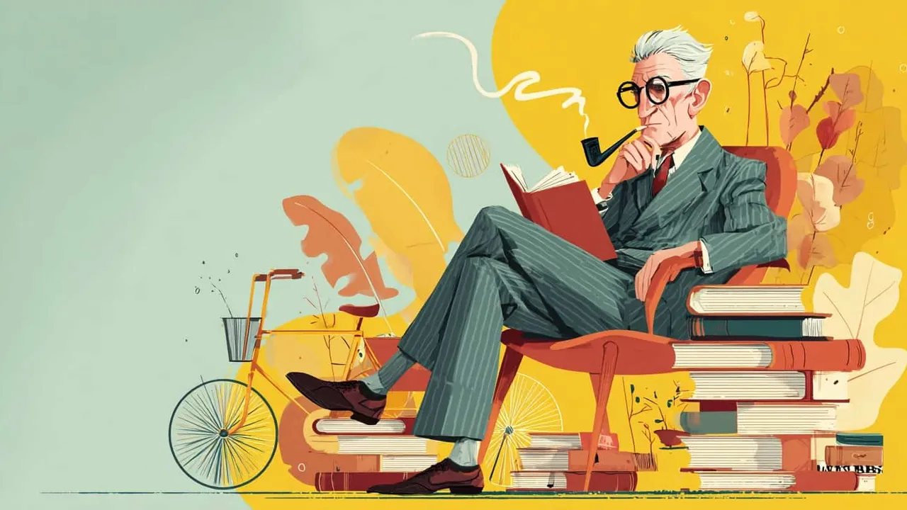 Elderly man in a suit reading and smoking pipe.