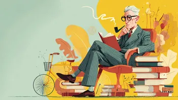Elderly man in a suit reading and smoking pipe.