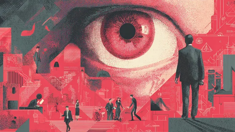 Large eye overlooking city with people, symbolising surveillance and privacy concerns.