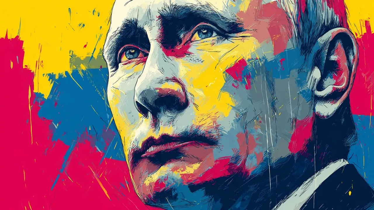 Close-up illustration of Vladimir Putin's face painted in yellow, blue and red.