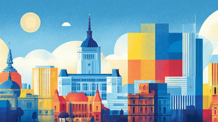 Cityscape with modern and historic buildings.