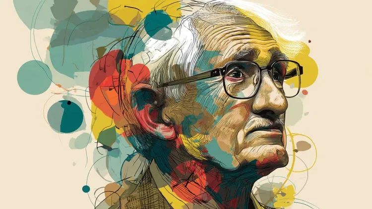 Illustrated portrait of Jürgen Habermas with glasses, surrounded by colourful circles.