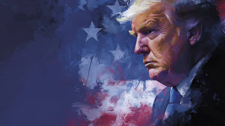 Painted illustration of Donald Trump in profile against a dark, blurred US flag.