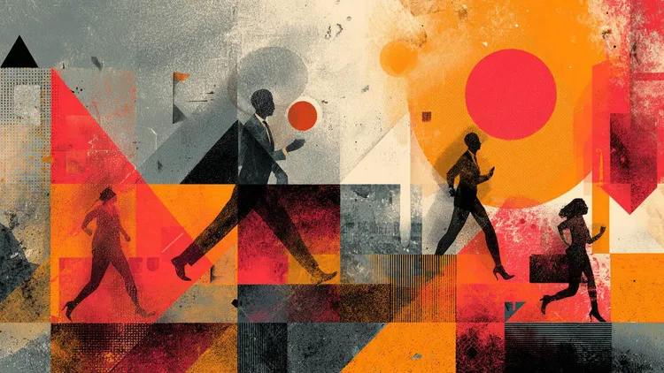 Four people walking and running in a vibrant, geometric cityscape.