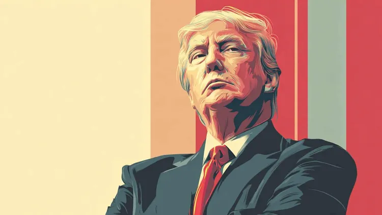 Illustration of Donald Trump in a suit against red and beige vertical stripes.