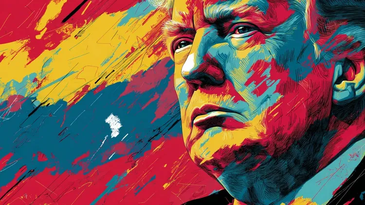 Close-up illustration of Donald Trump's face in red, yellow and teal brushstrokes.