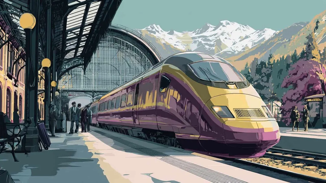 High-speed train at mountain station.
