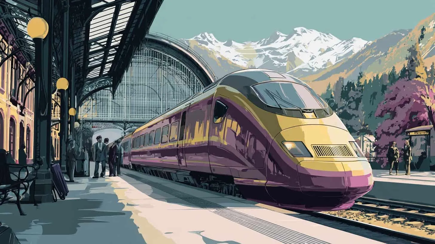 High-speed train at mountain station.