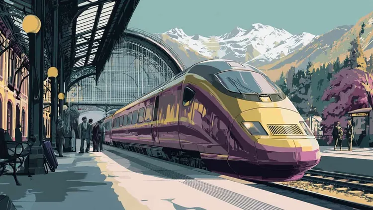 High-speed train at mountain station.
