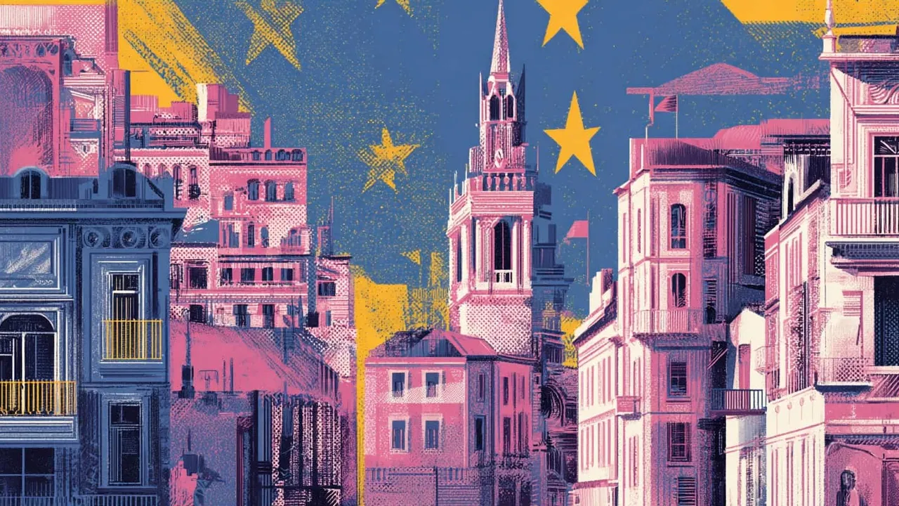 European cityscape with stars and historic buildings.