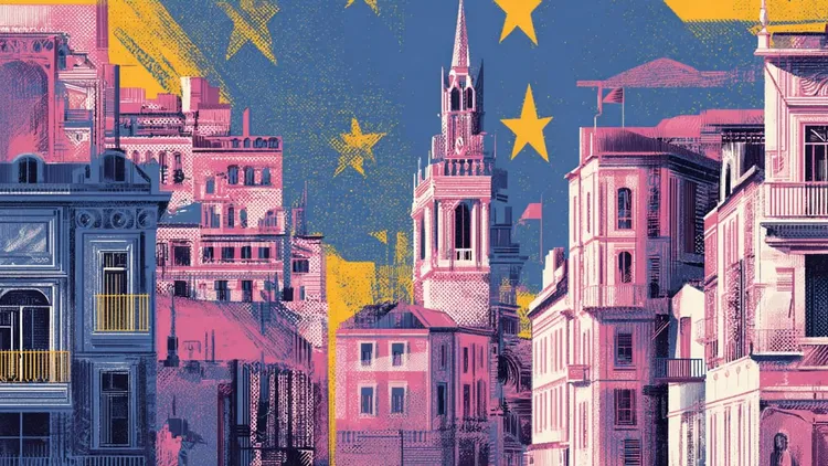 European cityscape with stars and historic buildings, Social Europe.
