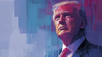 Painted illustration of Donald Trump against a blurred purple and blue background.