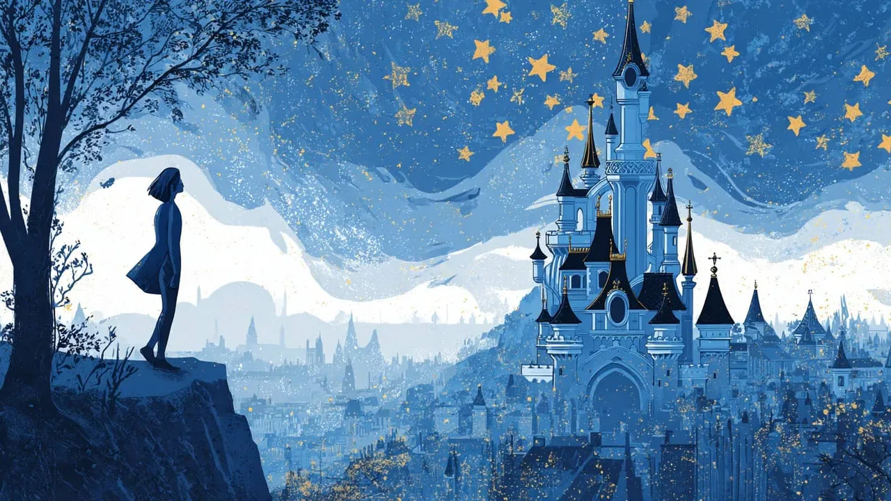 Fairy tale castle under starry sky, blue tones, whimsical scene.