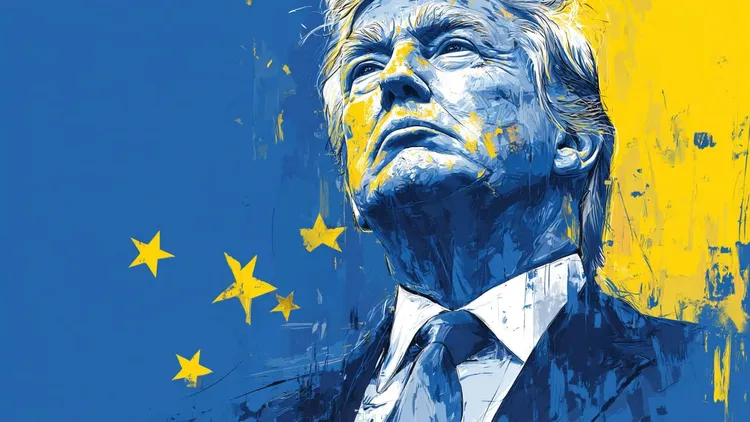 Illustration of Donald Trump painted in blue and yellow, with EU stars.