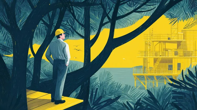 Man in a yellow helmet observing a construction site, social Europe.