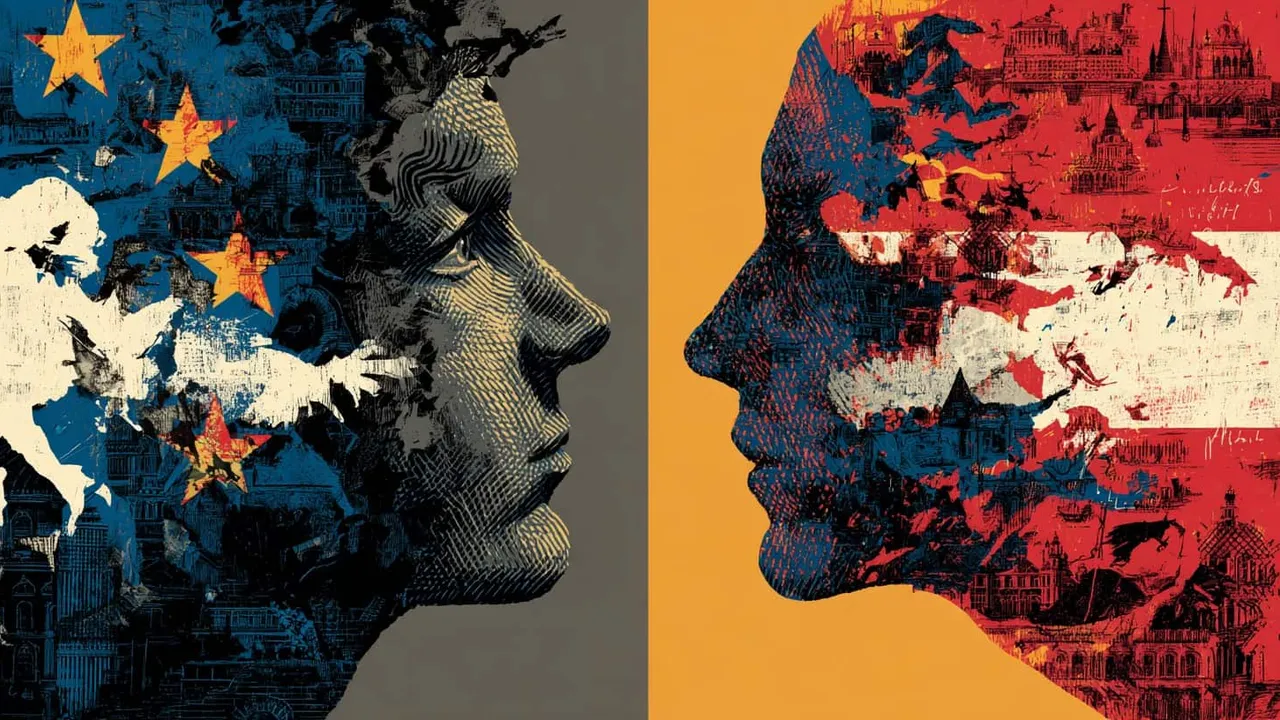 Two faces in profile with European and American symbols.