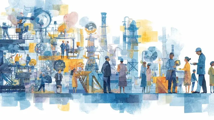 Workers in an industrial setting with machinery and equipment.