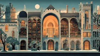 Fictional university library facade, European style, with towers and arches.