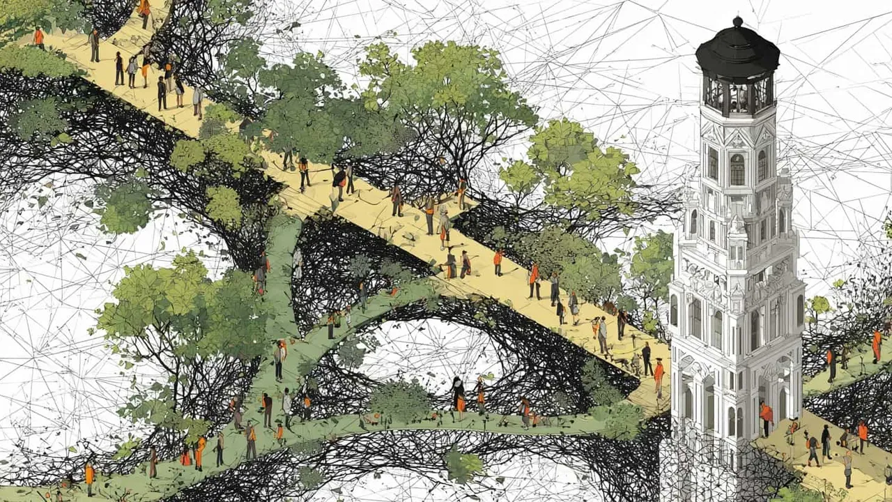 People walking in a park with trees and a clock tower, digital illustration.