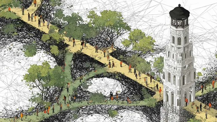 People walking in a park with trees and a clock tower, digital illustration.