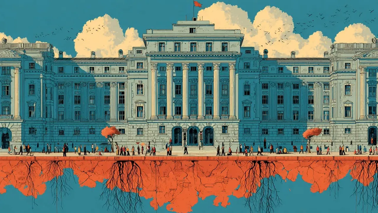 Government building with roots extending underground, digital illustration.