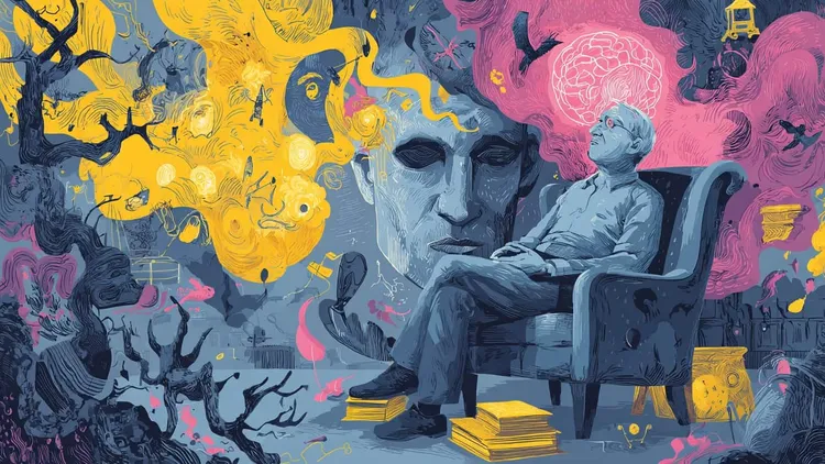 A man sitting in a chair with a large face and colourful thoughts around him.