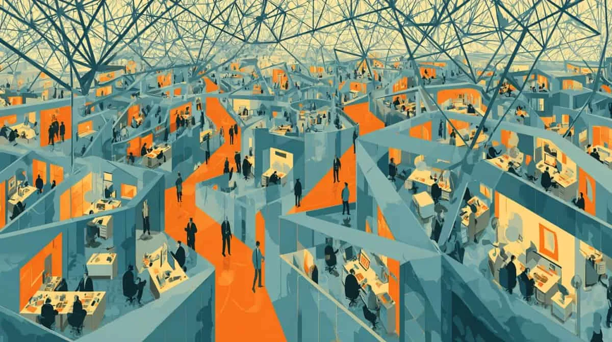 A digital illustration of a large, interconnected office space with many workers and technology.