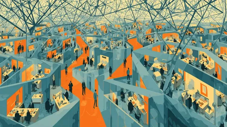A digital illustration of a large, interconnected office space with many workers and technology.